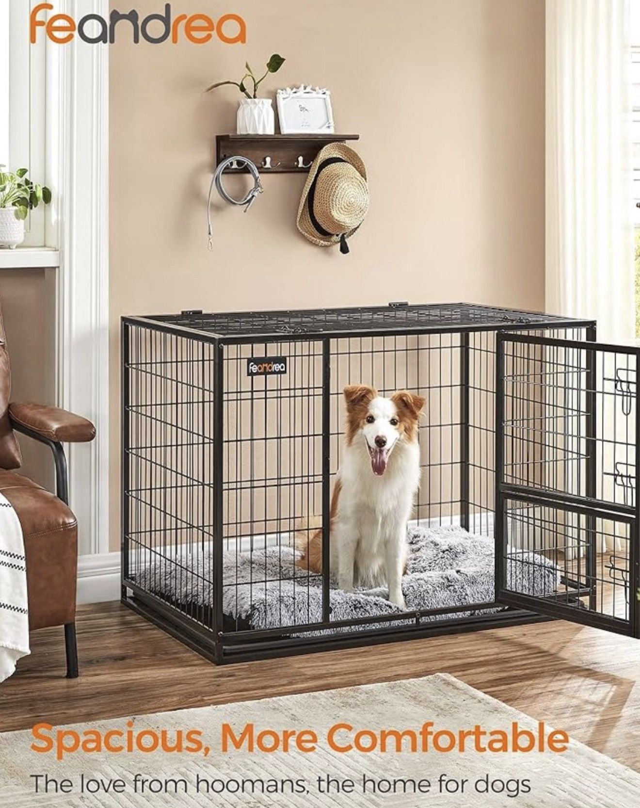 42.1 Inch Heavy Duty Dog Crate, Metal Escape Proof Kennel with Double Doors and Convenient Feeding Door, Removable Tray, Easy to Clean, XL Pet Crate f