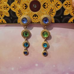 Blue Green Cabachon Crystal Drop 4 Tier Goldtone Clip-on Earrings F9