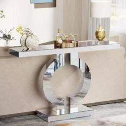 New assembled Modern Mirrored Console Table, Glass Sofa Table with Mirror Finish, 43-Inch Entryway Table with O-Shaped Base, Rectangular Accent Foyer 