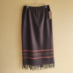NWT Dreesbarn Women's Brown Wool Blend Long Pencil Skirt-Fringe Hem Size 10
