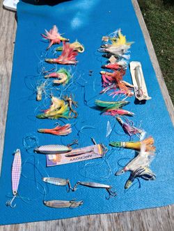 Salt Water jigs, lures  feathers and plastic scampi 30 Total