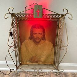 Vintage Antique Peter V. Bianchi Jesus Christ Picture Ornate Brass Filigree Lighted Wall Frame