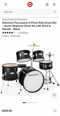 Gammon Percussion 5-Piece Kids Drum Set - Junior Beginner Drum Kit with Stool - Black