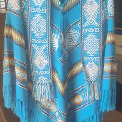 1980s Blue Fringe Serape Poncho Inca Imports Hand Made in Ecuador One Size Vintage