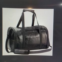 Black Leather Small Pet Carrier, Airline Approved 15Lbs Max Collapsable 