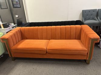 Modern Orange Velvet Channel Tufted Sofa with Gold Metal Frame
