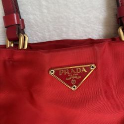 Prada Red Tessuto Nylon Tote Bag Triangle Logo Leather Strap Shoulder Bag Italy