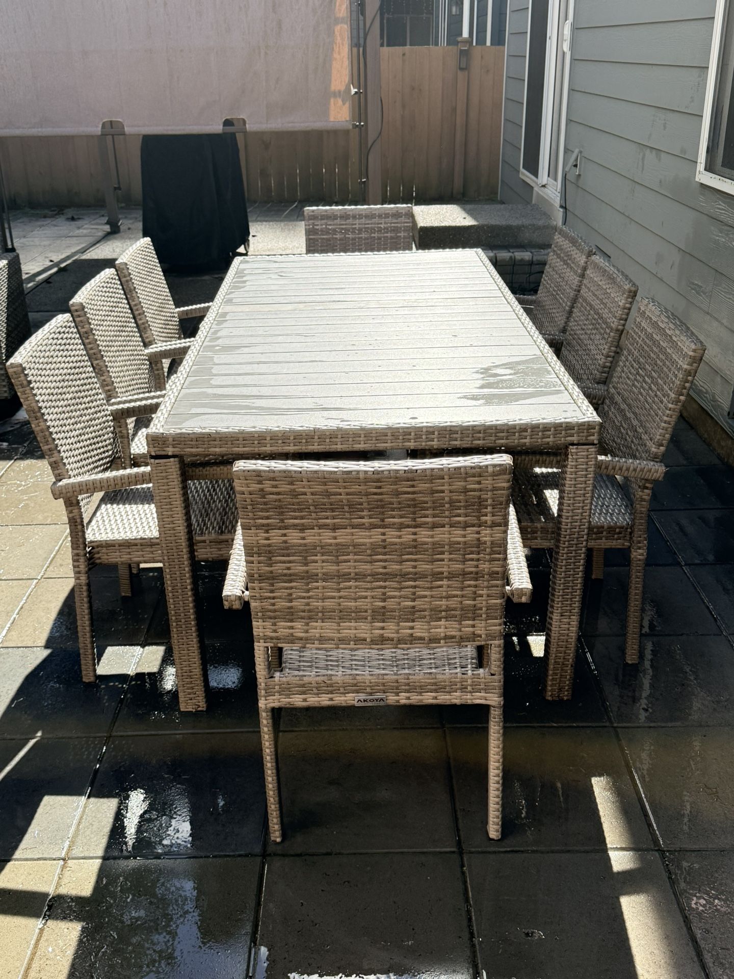 Sorrento 9-Piece Resin Wicker Outdoor Patio Furniture Dining Table Set in Gray w/Dining Table and Eight Cushioned Chairs (Flat-Weave Gray Wicker)