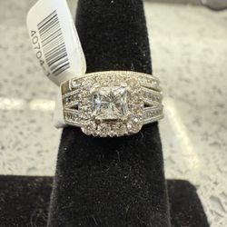 14KT White Gold Engagement Set W/ Natural Princess Cut Diamond Center 40704-1 