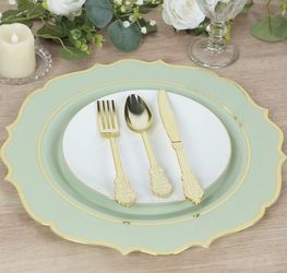 30 Pack Plastic Disposable Charger Plates 13" Round Sage Green with Gold Scalloped Rim - Decorative Dinner Party Serving Plates