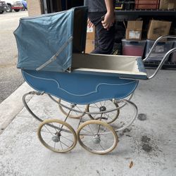 Vintage 1950s-Style Blue Metal Baby Pram/Carriage - Retro Charm, Great Prop or Restoration Project!