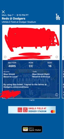 3 Dodger Tickets - 9/7 - 46RS CC 16,17,18