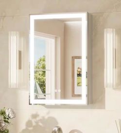 KeonJinn 16 in. W x 24 in. H Rectangular Silver LED Light Anti-Fog Aluminum Recessed/Surface Mount Medicine Cabinet with Mirror. New