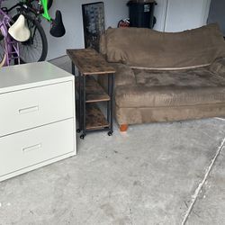 Couches, Desk, Filing Cabinet, Cork Board, End Table, 2 Shelves