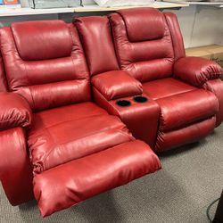 Red PU Manuel Reclining Loveseat With Console