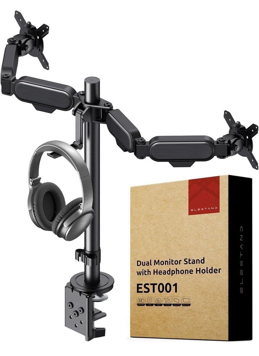 ELESTAND Dual Adjustable Monitor Stand EST001 with headphone holder- Black