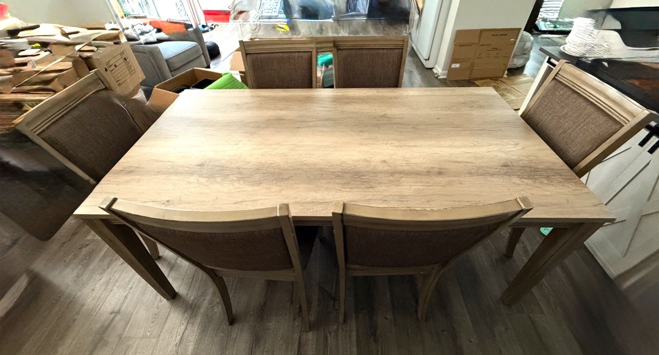 6-Piece Sandstone Dining Table Set – Solid Wood & Fabric Chairs