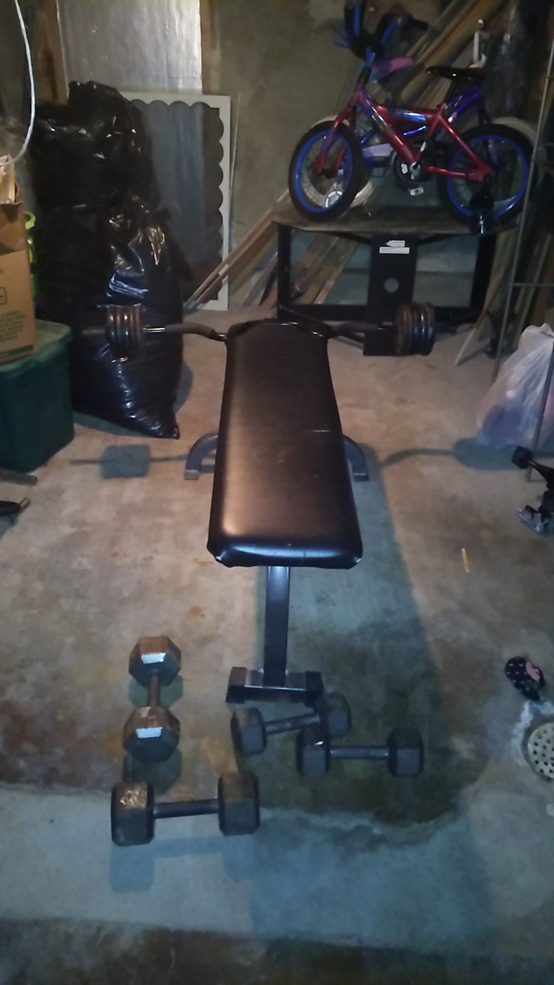 Weights bar and bench with extra dumbbells