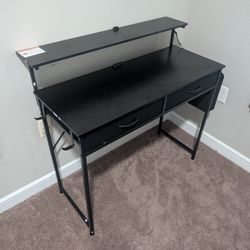 Modern Black Computer Desk with Monitor Shelf & Storage