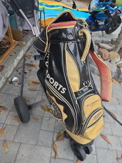 Golf clubs and caddy