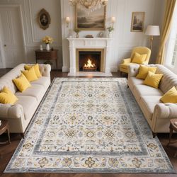 Zentavio 8x10 Washable Area Rugs, Vintage Non-Slip Floral Living Room Rug, Indoor Foldable Floor Thin Low Pile Carpet for Farmhouse Bedroom Dining Roo