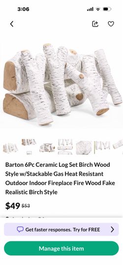 Barton 6PCS Ceramic Gas Fireplace Logs, Realistic Birch Wood Style Heat-Resistant Fake Firewood, Stackable Decorative Log Set for Indoor Outdoor Firep
