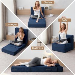 Convertible Folding Sofa Bed-Sleeper Chair with Pillow, Modern Linen Fabric Floor Futon Couch, blue