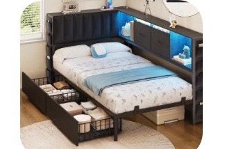 Full Bed Frame with Storage Drawers and LED Headboard