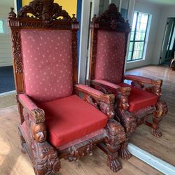 Antique Large Carved Wooden Throne Chairs, 2 Available