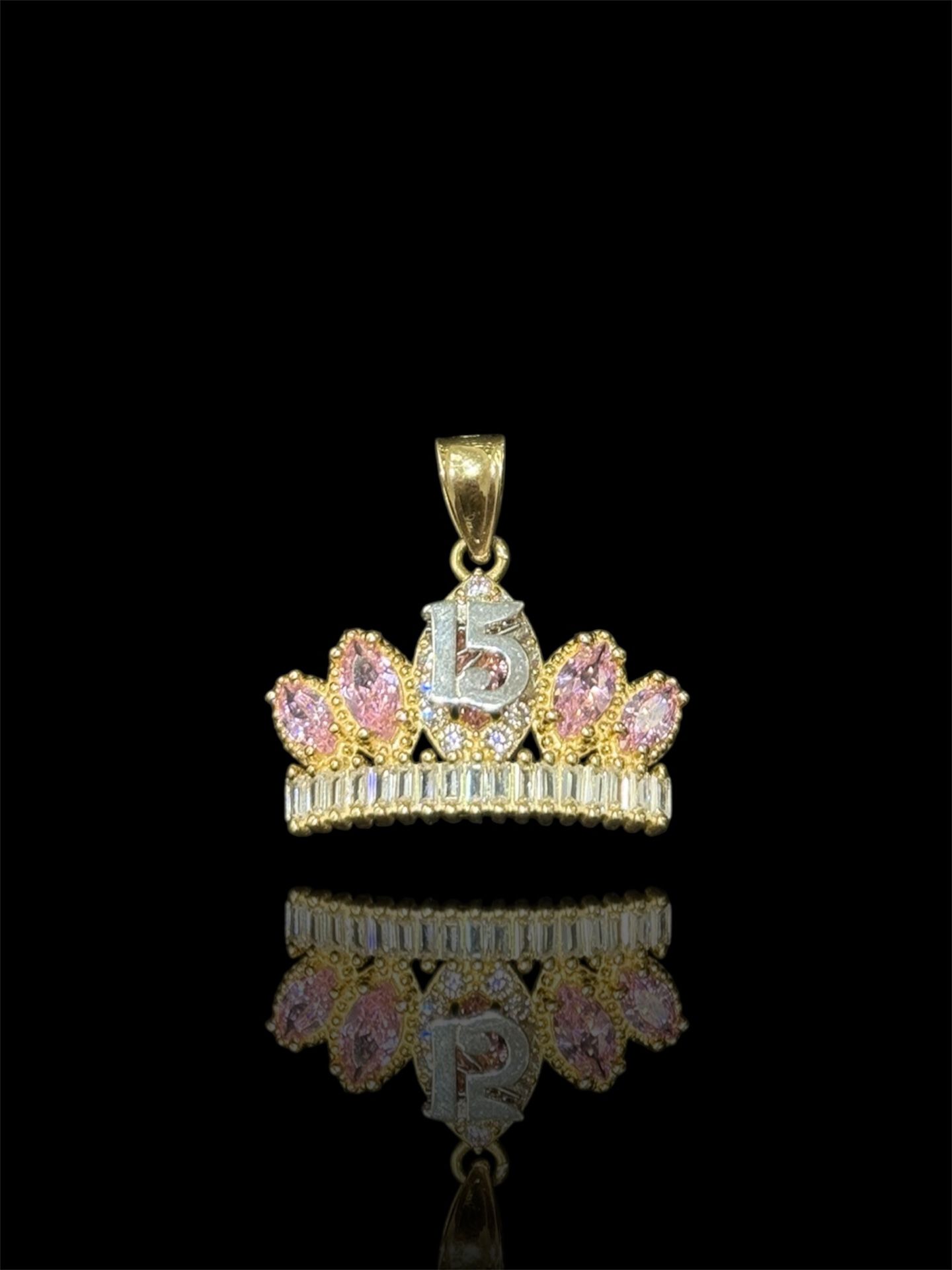 14k Gold “Quinceañera” Crown Pendant w Pink Stones