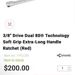 Snap On 3/8” Soft Grip Extra Long Handle Ratchet