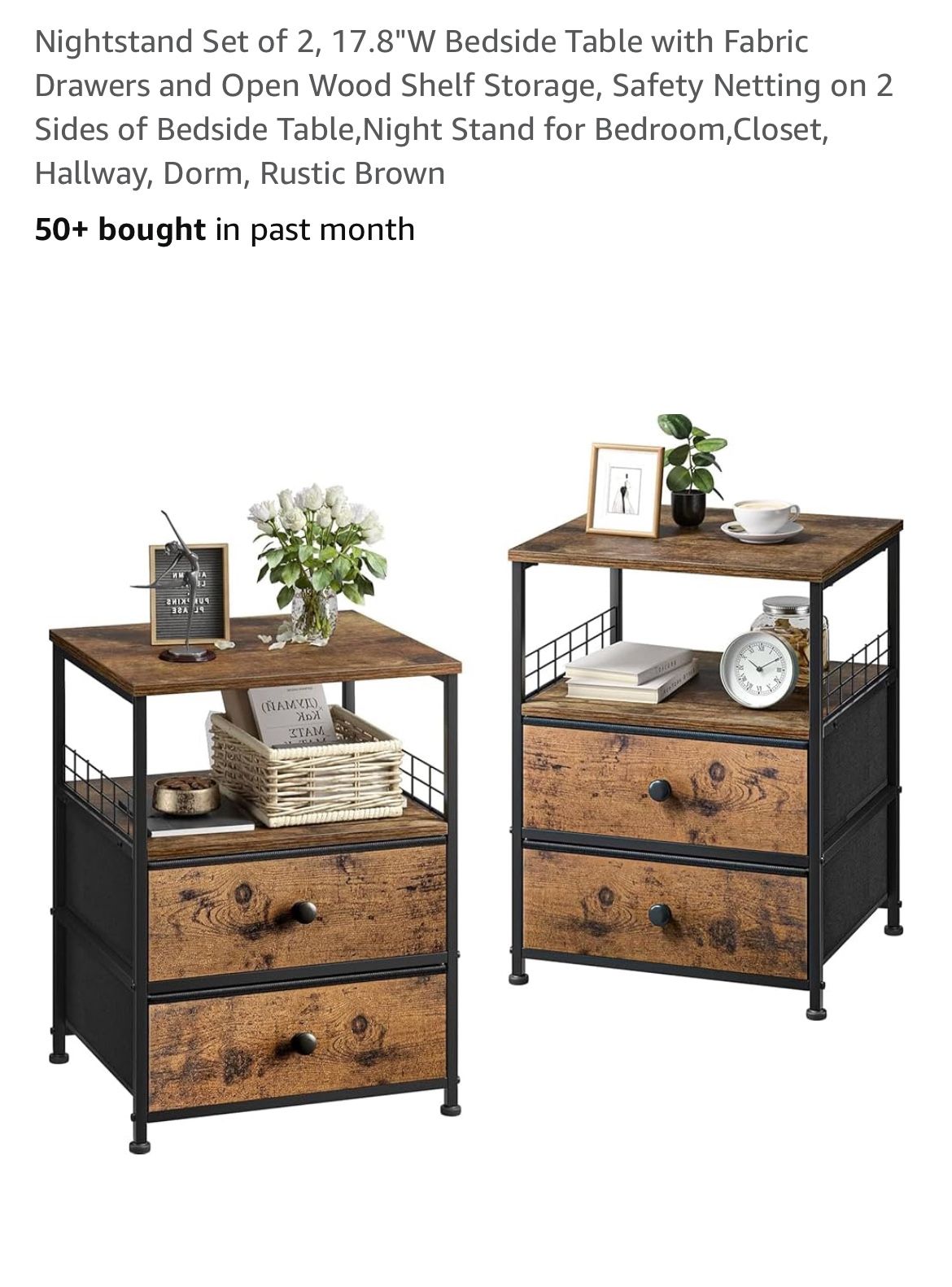 Nightstands Set of 2, Bedside Table with Fabric Drawers and Open Wood Shelf Storage, Bed Side Table with Metal Frame, Night Stand for Bedroom,