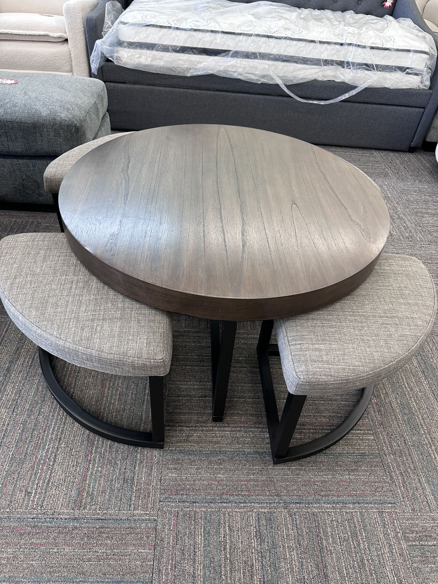 Round Wood and Metal Coffee Table 5 Piece Set with Stools Underneath, Black, New