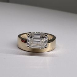 2 Carat Emerald Cut Moissanite Diamond Engagement Ring Wide Band 14k 
