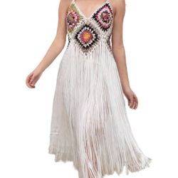 Women's Crochet Beach Cover Up, Halter Neck Tassel Sweater Dress, Bohemian Style