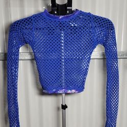 Blue Fishnet Long Sleeve Crop Top, size XS (0038)