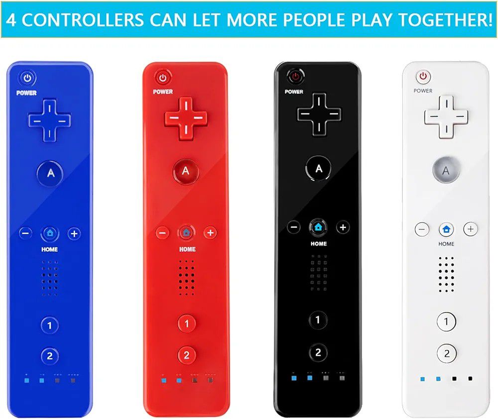 Wii Controller 4 Pack, Wii Remote Controller, Compatible with Nintendo Wii/Wii U, With Silicone Case and Wrist Strap (Black+White+Dark Blue+Red)

