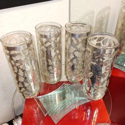 *RARE* VINTAGE " Decoritive Floral Detailed  Sterling (Stamped 925 & Hallmarked)" Tall Tumbler Lemonade Glasses "(Set Of 4)