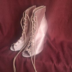 Pink Champagne Lace Up Heels Boots