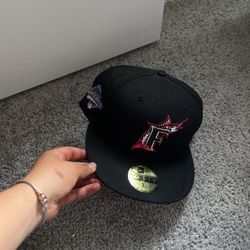 Marlins Black Fitted Hat Red Brim 7 1/2