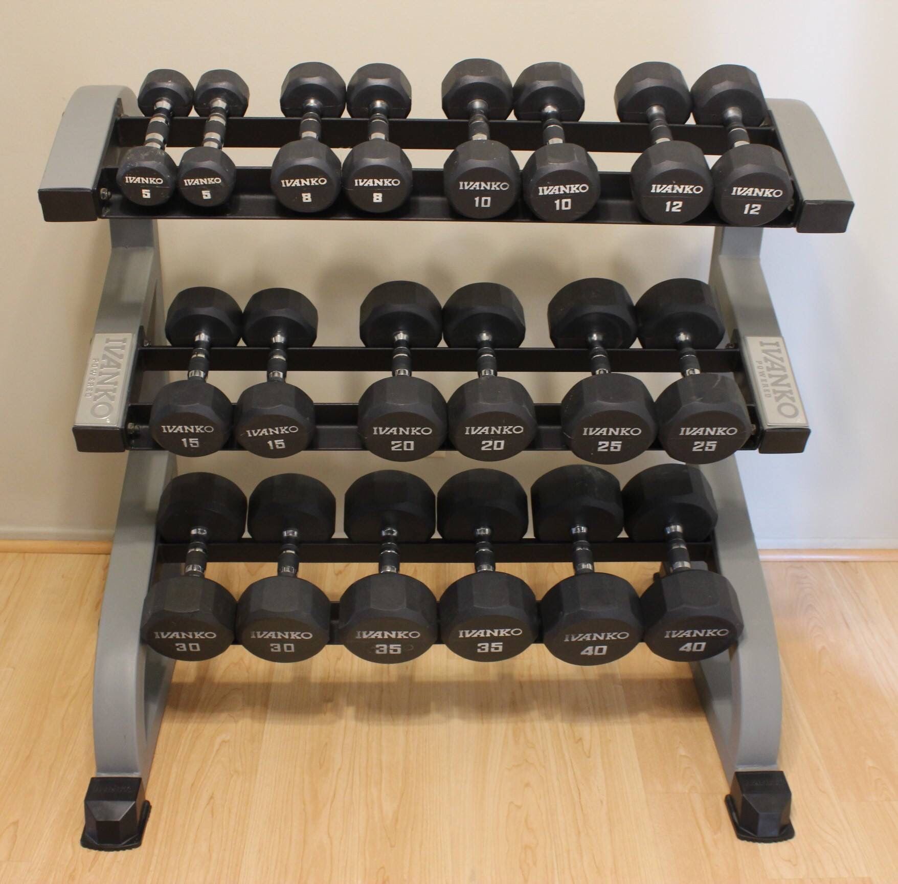 Ivanko Rubber-Coated Dumbbell Set 5-40 lbs. with 3-Tier Rack Dumbell Free Weight Dumb Bell