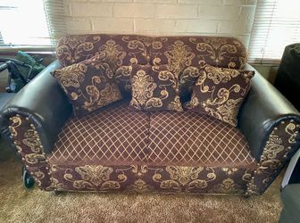 Brown Paisley Fabric and Leather Loveseat