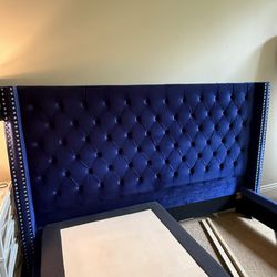 Blue Velvet Tufted Wingback King Bed Frame w/ Nailhead Trim Headboard