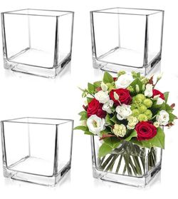 Set of 4 Square Glass Vases 5" x5" x 5", Clear Cube Flower Vases for Wedding Centerpieces, Candle Holders for Home Decor Party Events Ceremony