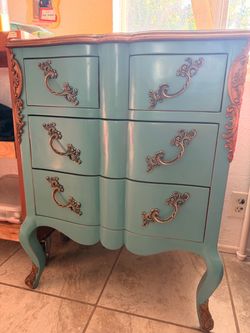 Vintage French Provincial Painted Dresser / Nightstand – Turquoise & Brass