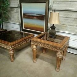 Classic Rust Finish Detailed Native Hand Carvings Hard Wood Coffee + End Table