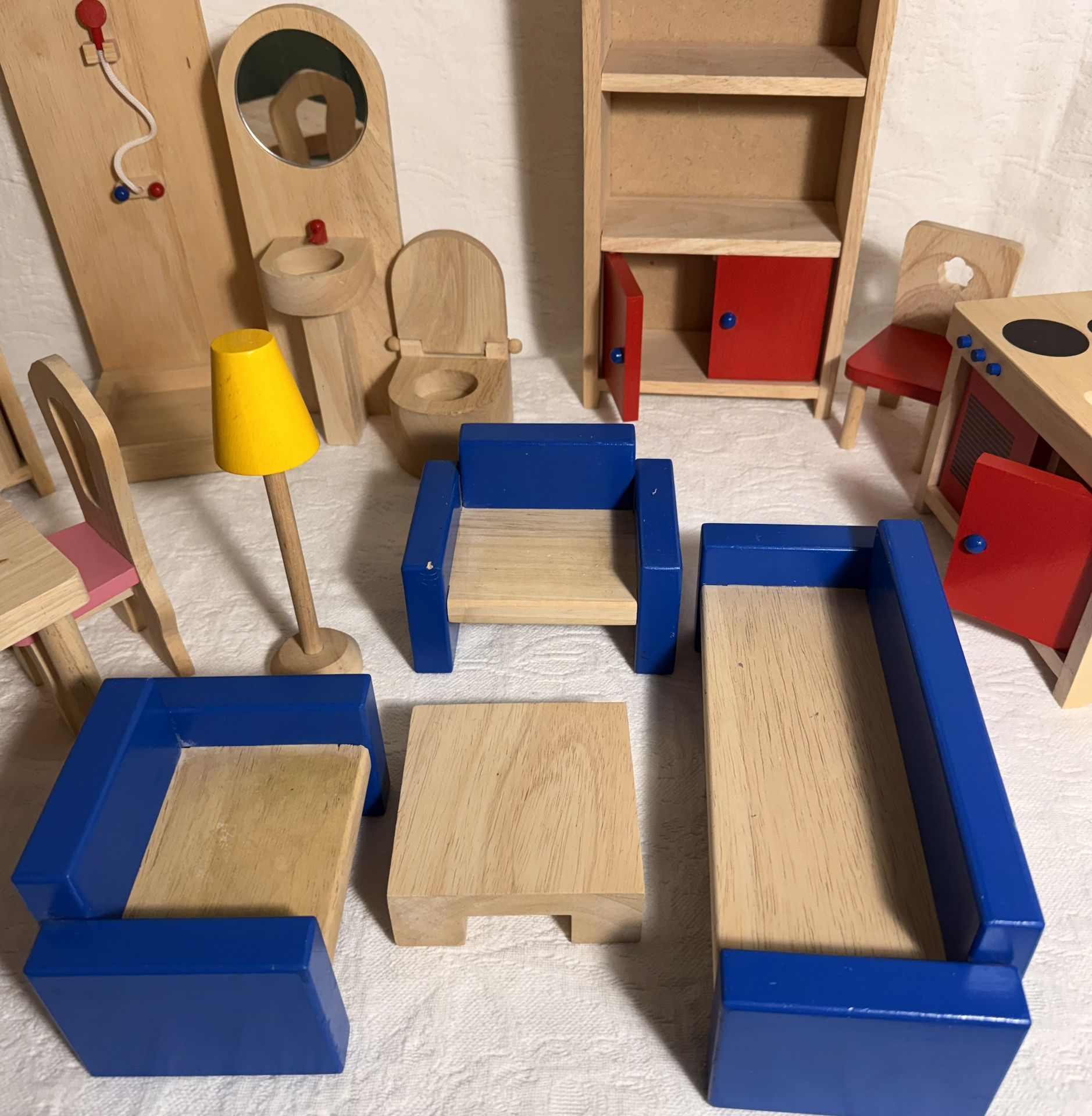  S.E.E.  Wooden Doll House Furnishings, 15 Pieces of  Dollhouse oak very nice set. 9”-12” Barbie scale 