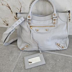 Balenciaga Light Grey City Bag with Crossbody Strap Gold accs.