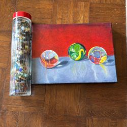 Vintage Jar Full Of Marbles And  Marble Painting