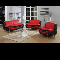 Brand New Black/Red 3pc Faux Leather Sofa Set.